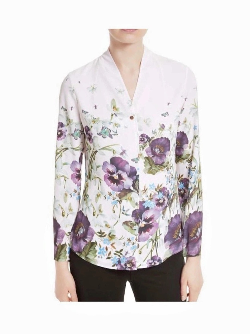 Ted Baker Entangled Floral Print Shirt Floral Blouse in White & Purple Size 3/ M